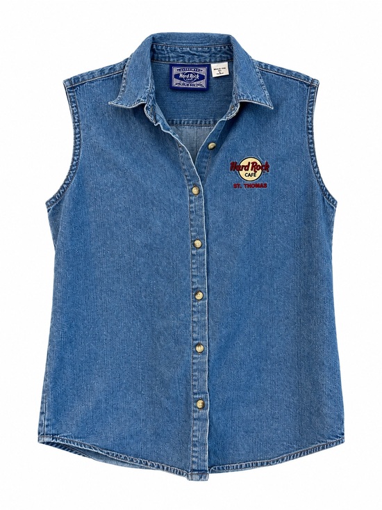 Hard Rock Cafe Jackets & Blazers - Hard Rock Cafe Blue Denim Sleeveless Button-Front Top